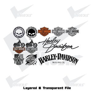 May include: A collection of Harley-Davidson logos and graphics in black, orange, and white. Includes skull designs, motorcycle illustrations, and the Harley-Davidson script logo. The text "Layered & Transparent File" is at the bottom.