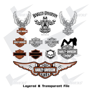 May include: A collection of Harley-Davidson logos and graphics in black and orange. Includes eagle emblems, a rider on a motorcycle, and various shield and badge designs. The text "HARLEY-DAVIDSON" and "CYCLES" are prominently displayed.