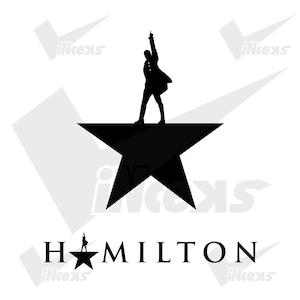 May include: A black silhouette of a person standing on a black star, with an arm raised. The word "HAMILTON" is below the star in a serif font. The image is on a white background.