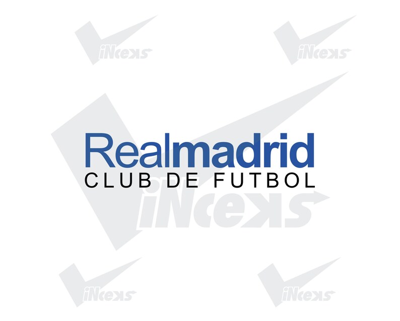 May include: The Realmadrid Club de F&uacute;tbol logo in blue text on a white background. The text is above the words "CLUB DE FUTBOL" in black. The logo is surrounded by gray checkmark shapes.