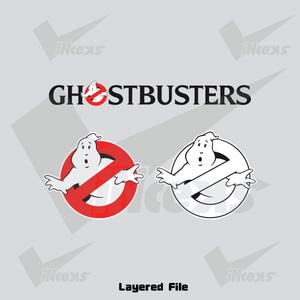 May include: A graphic design featuring the Ghostbusters logo and two versions of the iconic no-ghost symbol. One symbol is red with a white ghost, and the other is white. The word "GHOSTBUSTERS" is above the symbols.