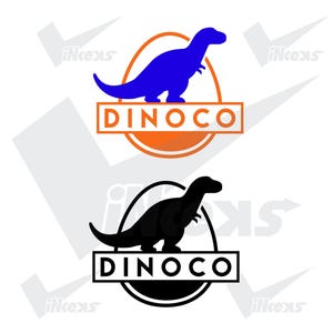 May include: Two logos featuring a dinosaur silhouette. The top logo has a blue dinosaur inside an orange oval, with the word "DINOCO" in a rectangular box. The bottom logo has a black dinosaur inside a black and white oval, with the word "DINOCO" in a white rectangular box.