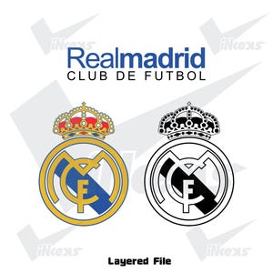 May include: The Realmadrid Club de F&uacute;tbol logo in two versions: a colored emblem with gold, blue, and red, and a black and white outline. The text "Realmadrid CLUB DE FUTBOL" is above the logos, and "Layered File" is below.