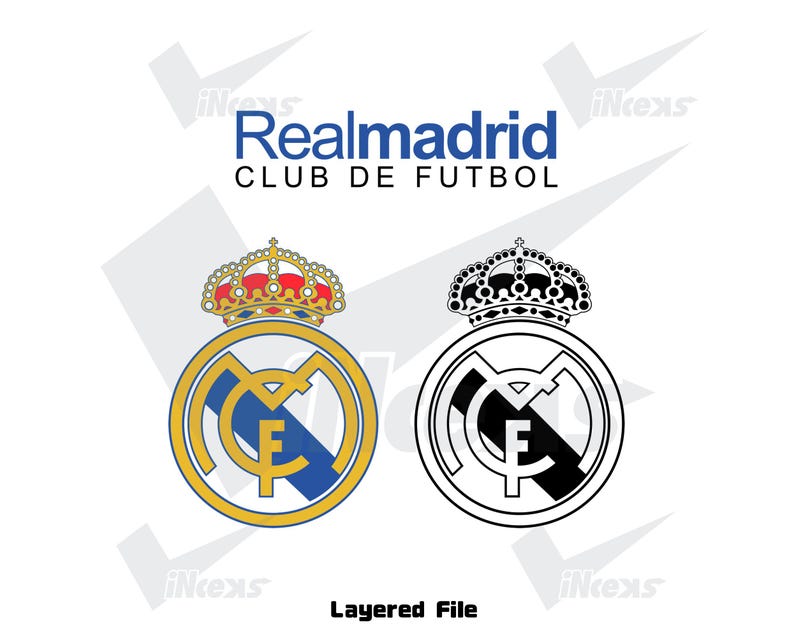 May include: The Realmadrid Club de F&uacute;tbol logo in two versions: a colored emblem with gold, blue, and red, and a black and white outline. The text "Realmadrid CLUB DE FUTBOL" is above the logos, and "Layered File" is below.