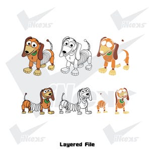 May include: A layered file graphic featuring multiple illustrations of Slinky Dog from Toy Story. The images include colored and line art versions of the character, showcasing his iconic spring body, brown ears, and yellow feet. The text "Layered File" is at the bottom.