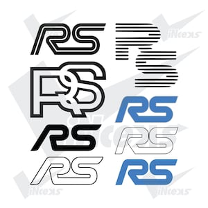 Può includere: Una collezione di otto diversi loghi stilizzati "RS" in nero, bianco e blu. I design variano, includendo versioni piene, contornate e a strisce. I loghi sono visualizzati su sfondo bianco.