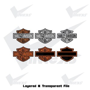 May include: A collection of six shield-shaped graphic emblems featuring the text MOTOR, HARLEY-DAVIDSON, and CLOTHES. The designs vary in color, including orange and black outlines, with some versions featuring blank horizontal bars.