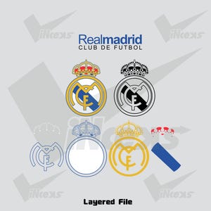 May include: A graphic design featuring the Real Madrid Club de F&uacute;tbol logo in multiple variations. The logos include the team's crest with a crown, a circular design, and the letters "MCF". The text "Real Madrid CLUB DE FUTBOL" is also present.