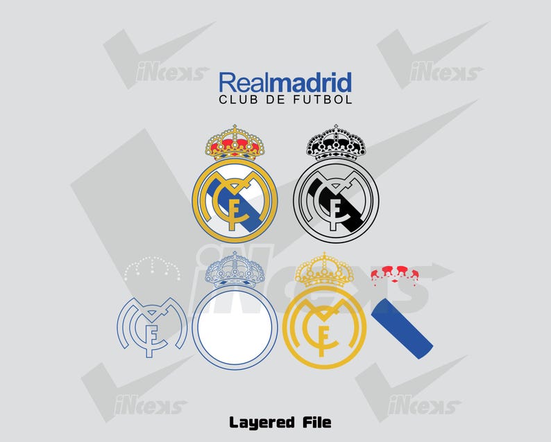 May include: A graphic design featuring the Real Madrid Club de F&uacute;tbol logo in multiple variations. The logos include the team's crest with a crown, a circular design, and the letters "MCF". The text "Real Madrid CLUB DE FUTBOL" is also present.