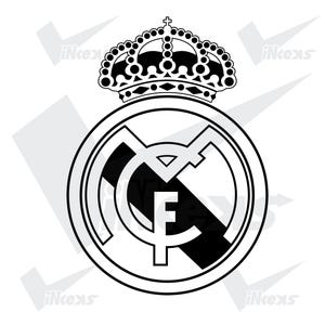 May include: Black and white Real Madrid logo. The emblem features a crown above a circular design with the letters "MCF" and a black stripe. The design is a classic representation of the football club's identity.