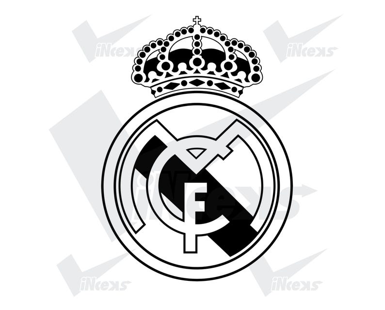 May include: Black and white Real Madrid logo. The emblem features a crown above a circular design with the letters "MCF" and a black stripe. The design is a classic representation of the football club's identity.
