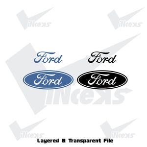 Könnte beinhalten: Verschiedene Ford-Logos in Blau und Schwarz. Die Logos zeigen das Wort "Ford" in einer Schriftart und ein ovales Logo mit dem Wort "Ford" darin. Der Text "Layered & Transparent File" befindet sich unten.
