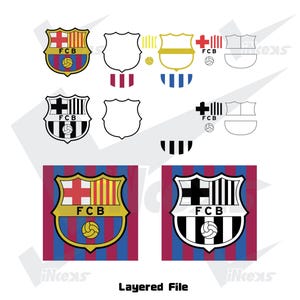 May include: A collection of FC Barcelona logos and design elements. The logos feature the team's crest in various color schemes, including gold, red, blue, and black. The image also includes the text "Layered File".