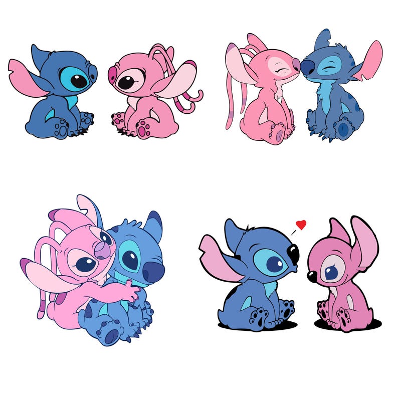 Pu&ograve; includere: Una collezione di illustrazioni di cartoni animati con i personaggi Stitch e Angel. Le immagini mostrano i personaggi in varie pose, tra cui seduti fianco a fianco, che si baciano e si abbracciano. La tavolozza dei colori &egrave; principalmente blu e rosa.