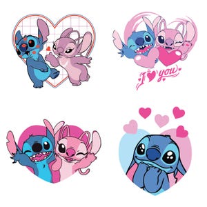 Pu&ograve; includere: Una collezione di quattro grafiche di cartoni animati con i personaggi Stitch e Angel. Le immagini mostrano Stitch e Angel in varie pose, con cuori e la frase "I love you". La tavolozza dei colori include blu, rosa e bianco.