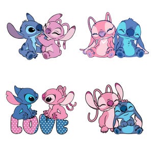 Pu&ograve; includere: Quattro immagini con i personaggi dei cartoni animati Stitch e Angel. Gli alieni blu e rosa sono mostrati in pose affettuose. Un'immagine include la parola "LOVE".