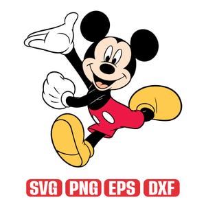 Op de afbeelding: Een cartoon illustratie van Mickey Mouse in een dynamische pose, met zijn arm omhoog en been uitgestrekt. Mickey is afgebeeld in zijn klassieke kleding: zwart lichaam, rode shorts, gele schoenen en witte handschoenen. De tekst "SVG PNG EPS DXF" is inbegrepen.