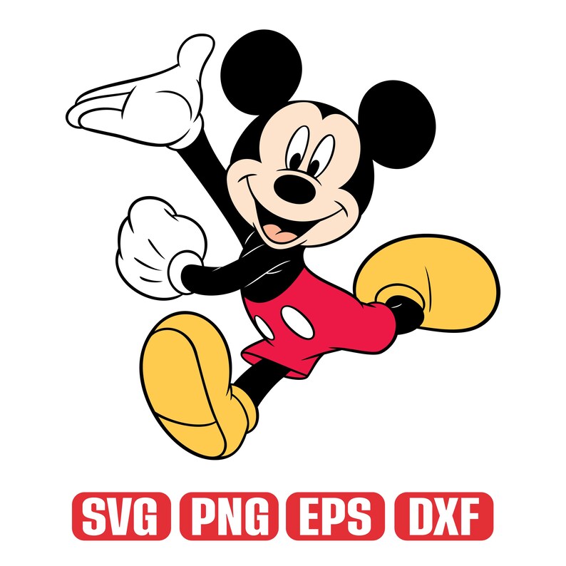 Op de afbeelding: Een cartoon illustratie van Mickey Mouse in een dynamische pose, met zijn arm omhoog en been uitgestrekt. Mickey is afgebeeld in zijn klassieke kleding: zwart lichaam, rode shorts, gele schoenen en witte handschoenen. De tekst "SVG PNG EPS DXF" is inbegrepen.