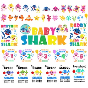 Op de afbeelding: Een verzameling Baby Shark-stickers met diverse kleurrijke haaienfiguren, zeedieren en tekstelementen waaronder Brother of the Baby Shark, Daddy of the Baby Shark, verjaardagscijfers van één tot vijf en verschillende leerjaren.