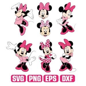 May include: A collection of cartoon illustrations of Minnie Mouse in various poses. Minnie is depicted in pink dresses and bows, with black ears and shoes. The image includes the text "SVG PNG EPS DXF" in a pink rectangle.