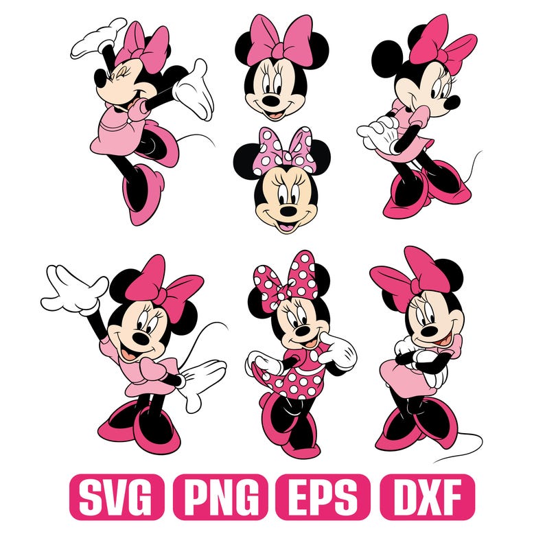May include: A collection of cartoon illustrations of Minnie Mouse in various poses. Minnie is depicted in pink dresses and bows, with black ears and shoes. The image includes the text "SVG PNG EPS DXF" in a pink rectangle.