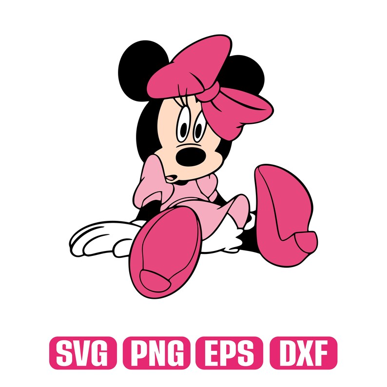 May include: A cartoon illustration of Minnie Mouse in a seated position, wearing a pink dress and bow. The image is outlined in black with white accents. The bottom of the image has the text "SVG PNG EPS DXF" in a pink rectangle.