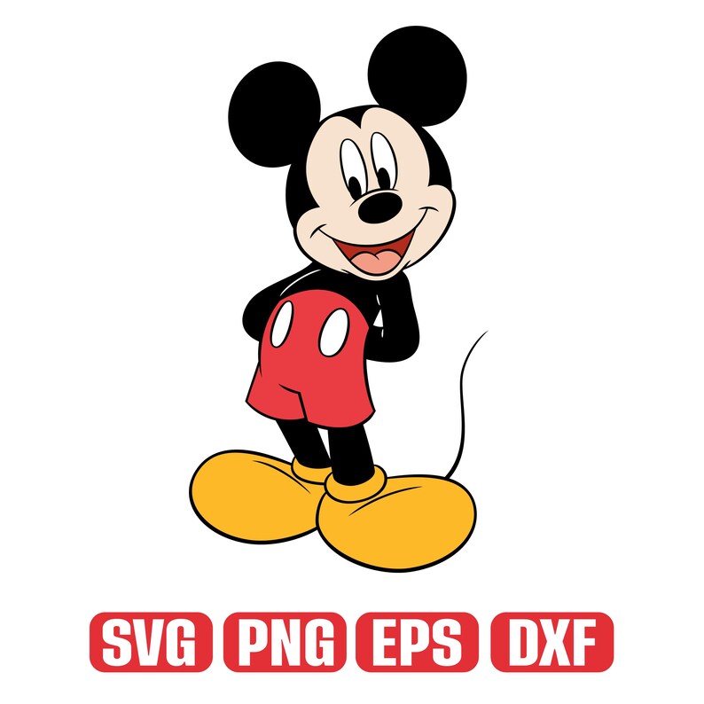 Op de afbeelding: Een cartoonillustratie van Mickey Mouse, een populair animatiefiguur. Mickey Mouse wordt afgebeeld met zwarte oren, een zwart lichaam, rode shorts, gele schoenen en een glimlachende uitdrukking. De afbeelding bevat de tekst "SVG PNG EPS DXF" in rode vakken.