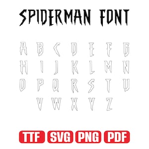 May include: A white background features the words "SPIDERMAN FONT" in a jagged, black font. Below, the alphabet is displayed in a matching style. Red rectangles at the bottom read "TTF SVG PNG PDF".