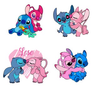 Pu&ograve; includere: Quattro immagini dei personaggi dei cartoni animati Stitch e Angel in varie pose. Stitch &egrave; blu e Angel &egrave; rosa. Le immagini mostrano i personaggi che si abbracciano, si baciano e si tengono per mano. Un'immagine ha la parola "Lose" in un cuore rosa.