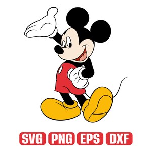 Op de afbeelding: Een cartoon illustratie van Mickey Mouse in een verwelkomende pose. Mickey wordt afgebeeld in zijn klassieke outfit: rode shorts, gele schoenen, witte handschoenen en zwarte oren. De afbeelding bevat de tekst "SVG PNG EPS DXF" in een rode rechthoek.