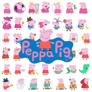 May include: A collection of Peppa Pig character illustrations featuring various outfits and activities, centered around a large blue logo with the text Peppa Pig. The pink pig characters are shown in diverse poses, including wearing hats, costumes, and holding items like wands, lollipops, and toys.