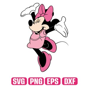 May include: A cartoon illustration of Minnie Mouse in a dynamic pose, wearing a pink dress, bow, and shoes. Her arms are outstretched, and she is smiling. The image includes the text "SVG PNG EPS DXF" in pink boxes.