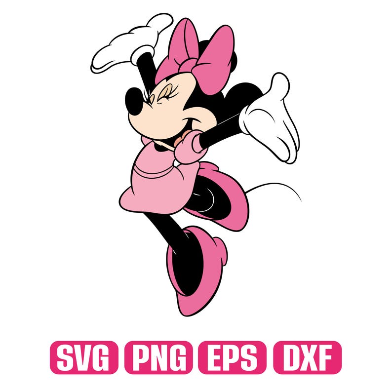 May include: A cartoon illustration of Minnie Mouse in a dynamic pose, wearing a pink dress, bow, and shoes. Her arms are outstretched, and she is smiling. The image includes the text "SVG PNG EPS DXF" in pink boxes.
