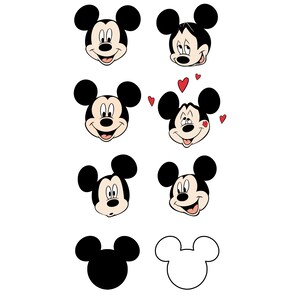 Op de afbeelding: Acht illustraties van Mickey Mouse's hoofd met verschillende uitdrukkingen. De afbeeldingen bevatten een silhouet en een omtrek van het hoofd van het personage. Het kleurenpalet is zwart, wit en rood.