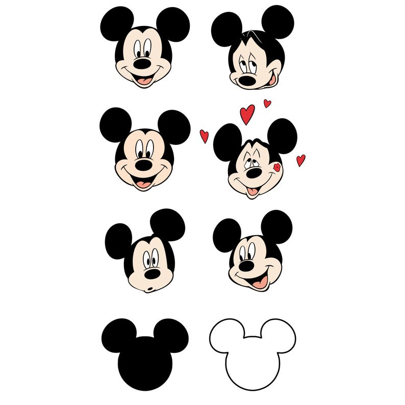 Op de afbeelding: Acht illustraties van Mickey Mouse's hoofd met verschillende uitdrukkingen. De afbeeldingen bevatten een silhouet en een omtrek van het hoofd van het personage. Het kleurenpalet is zwart, wit en rood.