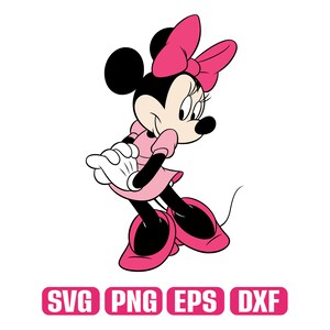 May include: A cartoon illustration of Minnie Mouse in a pink dress and bow. The character is black and white with pink accents, including her dress, shoes, and bow. The image also includes the text "SVG PNG EPS DXF" in a pink rectangle.