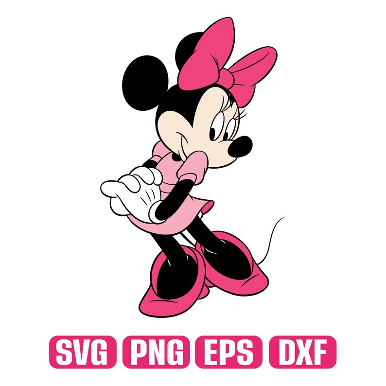 May include: A cartoon illustration of Minnie Mouse in a pink dress and bow. The character is black and white with pink accents, including her dress, shoes, and bow. The image also includes the text "SVG PNG EPS DXF" in a pink rectangle.