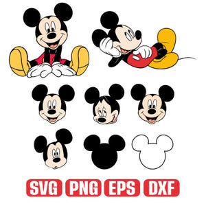 Op de afbeelding: Een verzameling Mickey Mouse-illustraties in verschillende poses en stijlen. De afbeelding bevat full-body en headshot ontwerpen, met Mickey in zittende en liggende posities. De onderkant van de afbeelding bevat de tekst "SVG PNG EPS DXF" in een rode rechthoek.