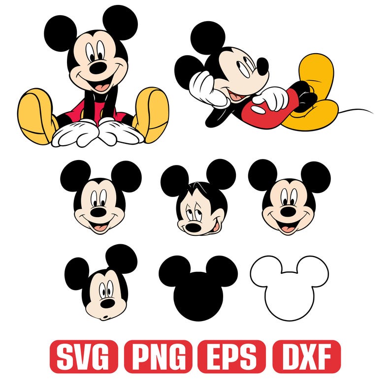 Op de afbeelding: Een verzameling Mickey Mouse-illustraties in verschillende poses en stijlen. De afbeelding bevat full-body en headshot ontwerpen, met Mickey in zittende en liggende posities. De onderkant van de afbeelding bevat de tekst "SVG PNG EPS DXF" in een rode rechthoek.