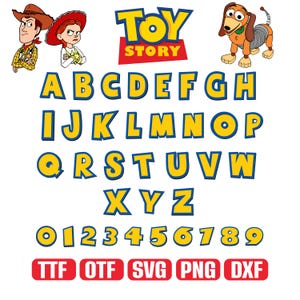 Puede incluir: Gráfico con el logo de "Toy Story", los personajes Woody, Jessie y Slinky Dog, junto con el alfabeto, números e iconos de tipo de archivo. Las letras y los números son amarillos con contornos azules.