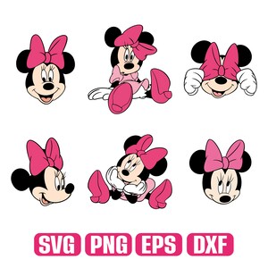 May include: A collection of six cartoon illustrations of Minnie Mouse in various poses. Each image features Minnie with a pink bow and dress. The bottom of the image displays the text "SVG PNG EPS DXF" in a pink rectangle.