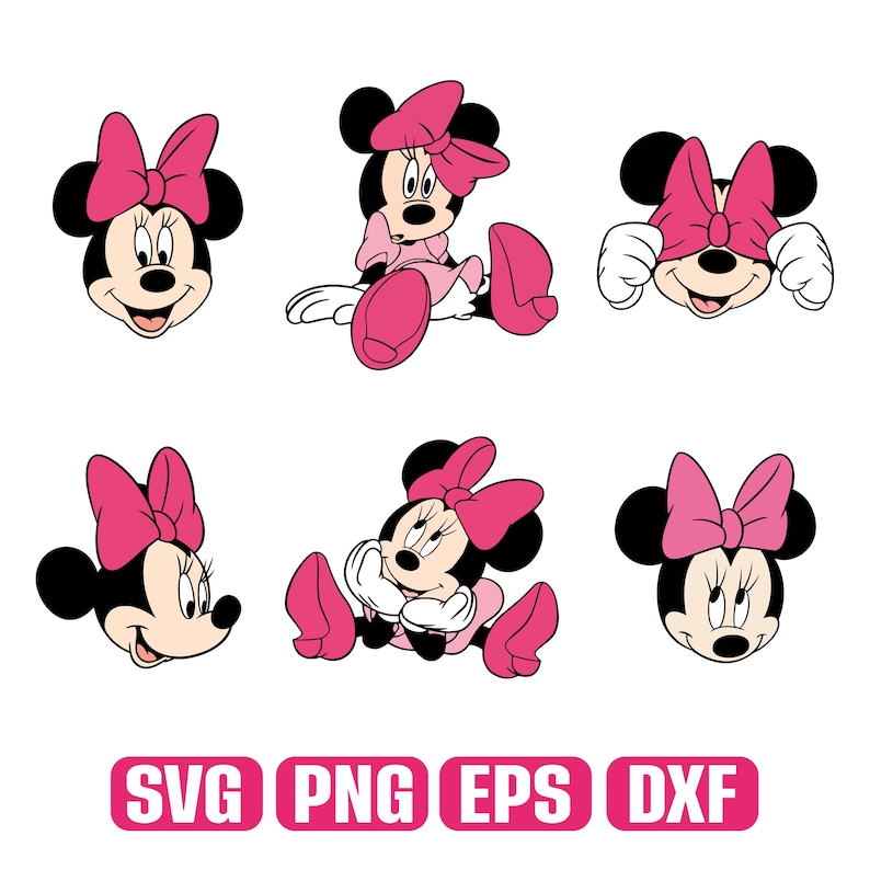 May include: A collection of six cartoon illustrations of Minnie Mouse in various poses. Each image features Minnie with a pink bow and dress. The bottom of the image displays the text "SVG PNG EPS DXF" in a pink rectangle.