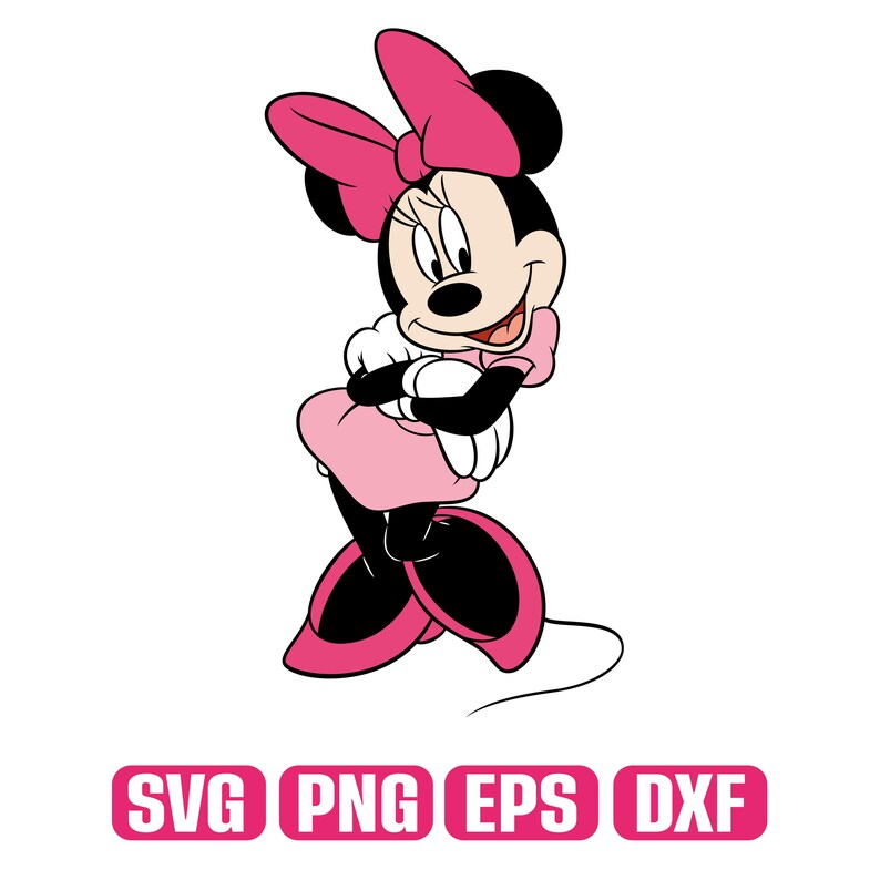 May include: A cartoon illustration of Minnie Mouse in a pink dress and bow. The character is smiling with arms crossed. The image includes the text "SVG PNG EPS DXF" in pink rectangular boxes.