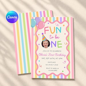May include: A birthday invitation card featuring a pastel striped background and a scalloped frame. The text reads FUN to be ONE, Olivia's First Birthday, Sat, Sep 25th, at 2pm, Our Place, 126 Lovely Lane, RSVP to Amelia 123.456.7890, with a photo of a baby.