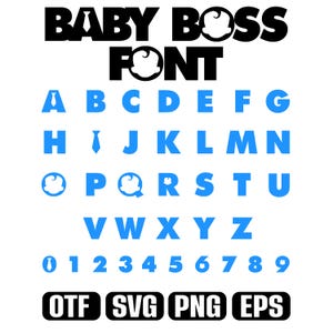 Puede incluir: Un conjunto de fuentes digitales titulado "Baby Boss Font" en negro y azul. La fuente incluye letras mayúsculas, números y opciones de tipo de archivo: OTF, SVG, PNG y EPS. Las letras y los números son azules, y el título es negro.