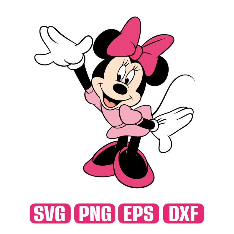 May include: A cartoon illustration of Minnie Mouse in a pink dress and bow, with white gloves and shoes. The image includes the text "SVG PNG EPS DXF" in a pink rectangular box.