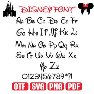May include: A black and white Disney font alphabet, numbers, and symbols are displayed. The word "DISNEY FONT" is in red script. The image includes a castle silhouette and Minnie Mouse ears. Below the font are red boxes with file type abbreviations.