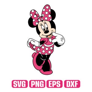 May include: A cartoon illustration of Minnie Mouse in a pink dress with white polka dots and a matching bow. She is wearing white gloves and black shoes. The image includes the text "SVG PNG EPS DXF" in pink.