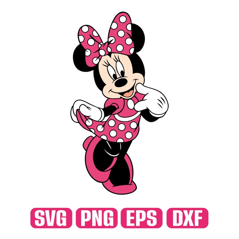 May include: A cartoon illustration of Minnie Mouse in a pink dress with white polka dots and a matching bow. She is wearing white gloves and black shoes. The image includes the text "SVG PNG EPS DXF" in pink.