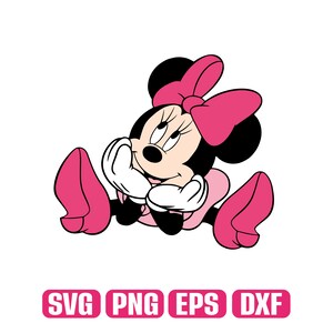 May include: A cartoon illustration of Minnie Mouse in a seated pose, with a pink bow, dress, and shoes. Her hands are near her face, and the image includes the text "SVG PNG EPS DXF" in a pink rectangular box.
